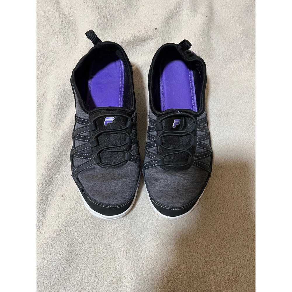 Fila Ladies Sneaker Size 8 Grey White Purple Slip On Bungee Lace Athletic Shoes